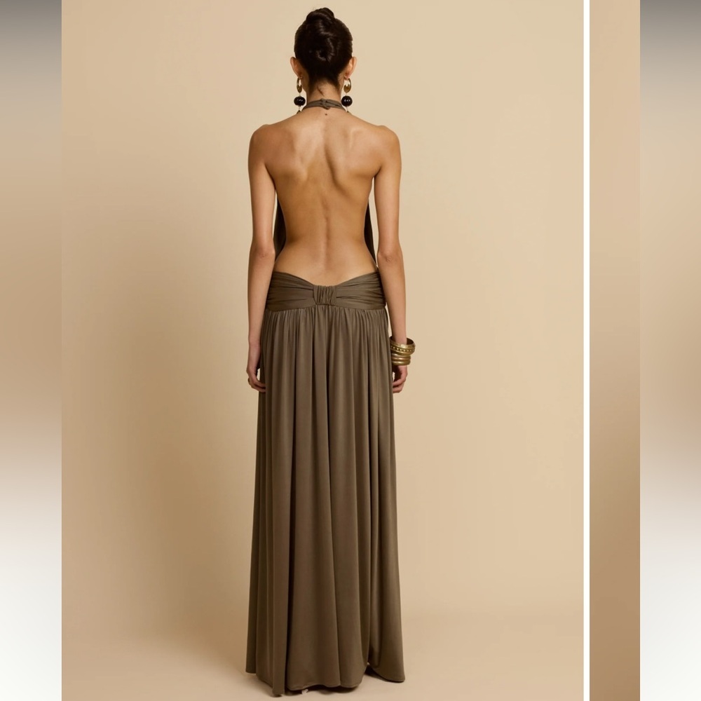 Halter Neck Maxi Dress in Olive Brown - Picture 2 of 6